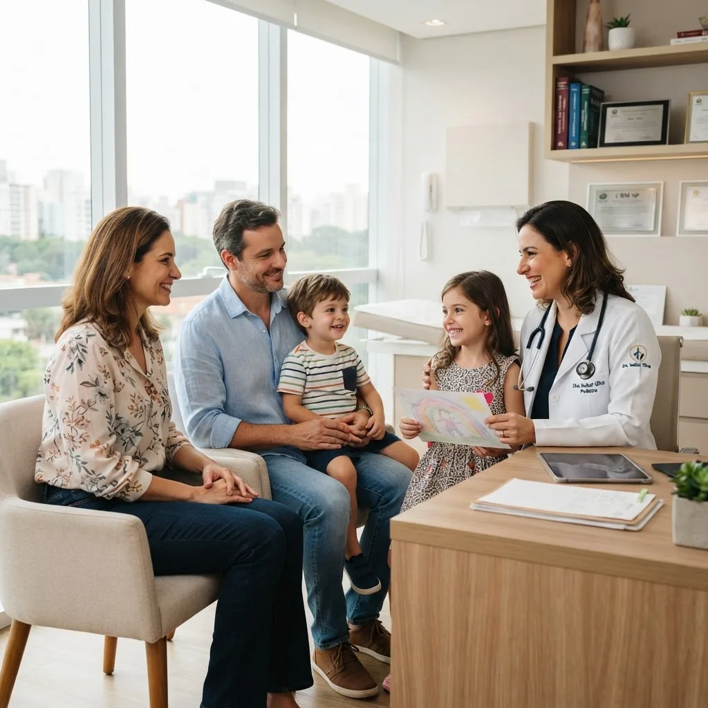 Família brasileira sendo atendida por um médico sorridente em um consultório moderno